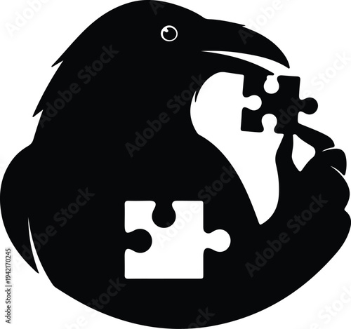 Vector raven holding jigsaw puzzle piece innovation concept silhouette design