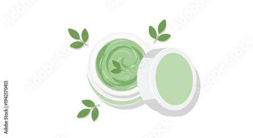 An open white cosmetic jar with a vibrant green, swirled cream and its lid sits beside it, surrounded by four small green leaves on a clean white surface.