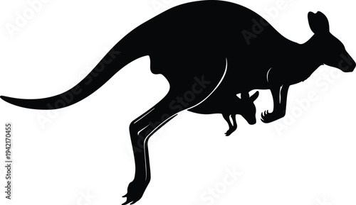 Vector silhouette of kangaroo with joey leaping across landscape silhouette design