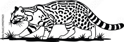 Vector stylized ocelot walking through grass silhouette design