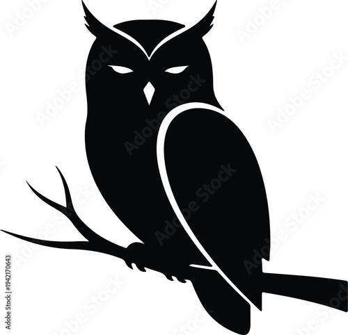 Vector stylized owl perched on a tree branch silhouette design