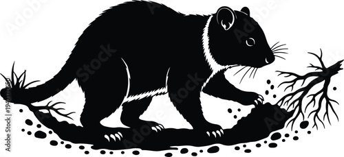 Vector Tasmanian devil scratching dirt near branch silhouette design