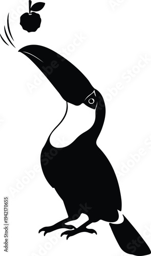 Vector tropical toucan bird catching falling apple silhouette design