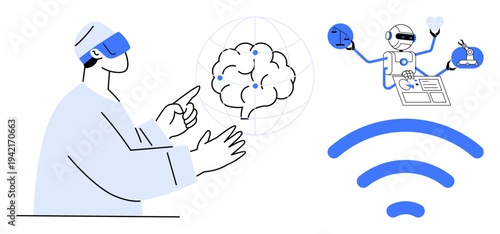 Artificial intelligence, virtual reality, digital communication, remote work, innovation, human-machine interaction. Human using VR headset, floating brain robot multitasking. Artificial
