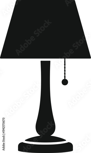 Minimal vector silhouette, table lamp with lampshade and base, solid black, isolated on white background.