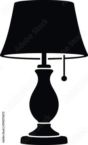 Minimal vector silhouette, table lamp with lampshade and base, solid black, isolated on white background.