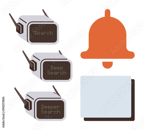 Data analysis, search engines, notifications, internet communication, cybersecurity, digital tools. Vintage search devices with Search, Deep Search text alert bell and monitor shape. Data analysis