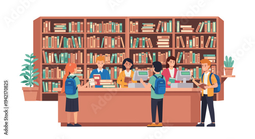 A busy library scene depicts several students interacting with four staff members at a long wooden service counter in front of a massive bookshelf.