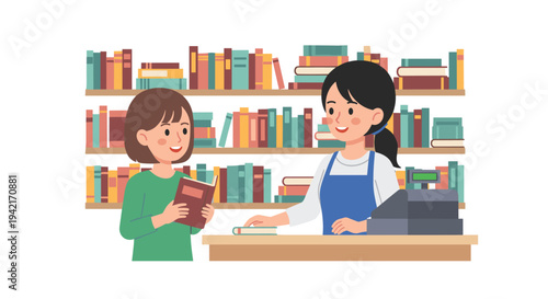 An illustration depicts a female librarian assisting a young female student at a light wooden counter with a long bookshelf in the background.