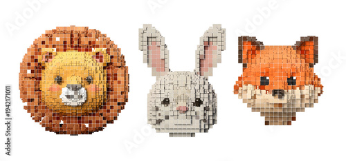 3D Voxel Animal Heads set, pixel art lion rabbit fox collection isolated on transparent background