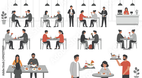 A grid of nine separate scenes depicts various individuals and couples dining in a modern restaurant or cafe setting with waiters serving.