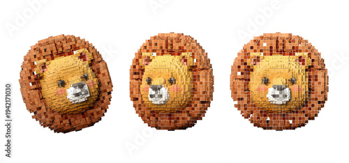 3D Voxel Lion Head set, pixel art animal character collection isolated on transparent background