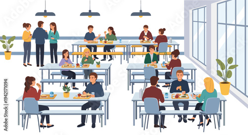 Diverse groups of people are actively eating and socializing at various tables within a brightly lit, modern cafeteria setting.