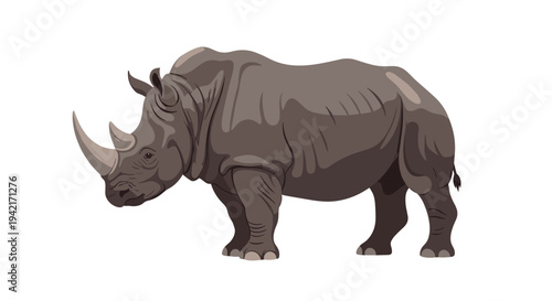 A robust rhinoceros is depicted in a detailed profile illustration, facing left and showcasing its thick dark grey hide and two prominent horns against a pristine white background.