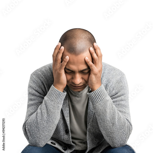 Stressed Middle Aged Hispanic Man Suffering From Chronic Migraine Pain At Home