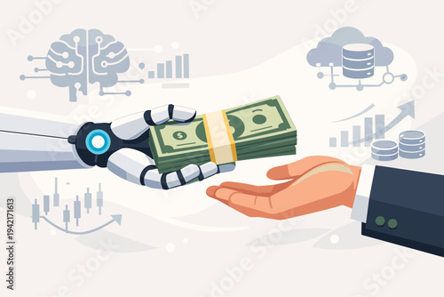Artificial Intelligence AI Robot Hand Giving Cash to Human for Data Licensing, Training Resource Compensation, and Automated Payment. FinTech Investment, Machine Learning, and Digital Economy Concept.