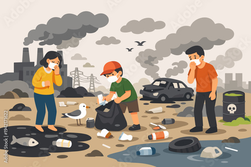 Flat vector illustration of people in masks facing environmental pollution with factory smoke, toxic waste, oil spills, and trash, depicting climate change crisis and ecological disaster.
