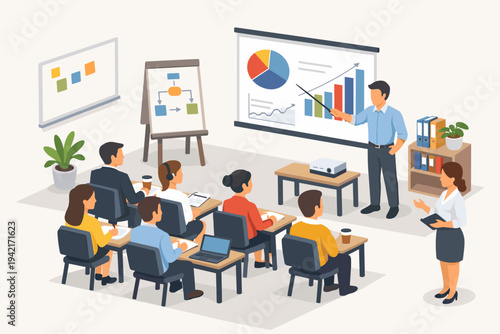 Isometric vector illustration of business people and office employees receiving company training in a modern conference room with a presenter showing data charts on a large projection screen.
