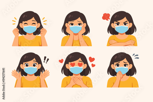 Young woman wearing a medical face mask expressing different emotions like happiness, sadness, anger, surprise, love, and illness. Flat vector illustration of female character facial expressions.