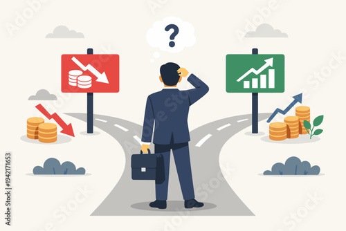 Businessman at a fork in the road facing a dilemma between financial loss and profit growth. Flat vector illustration of a professional making a strategic decision for business success and risk.