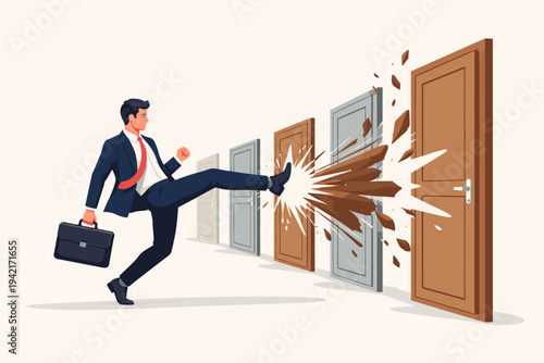 Determined Businessman in a Suit Kicking Down and Shattering a Row of Doors to Overcome Obstacles, Representing Career Success, Breaking Barriers, Persistence, and Aggressive Business Growth.