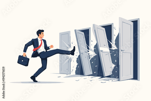 Vector Illustration of a Determined Businessman in a Suit Kicking Down and Destroying a Series of Closed Doors One by One, Symbolizing Overcoming Obstacles, Breaking Barriers, and Career Success.