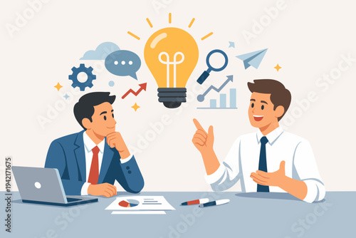 Two businessmen brainstorming new creative ideas in an office meeting. Flat vector illustration of professional colleagues collaborating on a startup project with lightbulb and business icons.