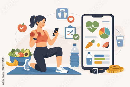 Fit woman exercising with dumbbell and using mobile app for health tracking, diet monitoring, and fitness goals, flat vector illustration of healthy lifestyle, nutrition, and workout routine.