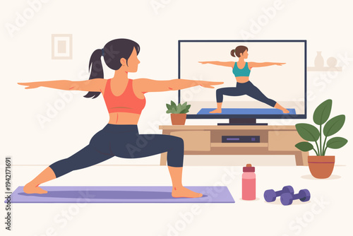 Fit young woman practicing yoga at home while watching a fitness instructor on a TV screen. She is performing a warrior pose on a mat in a bright living room with plants and dumbbells.