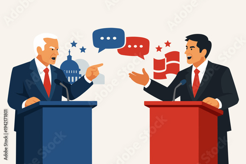 Flat vector illustration of two political leaders debating at podiums, representing opposing parties with blue and red colors, speech bubbles, and government symbols like the capitol dome.