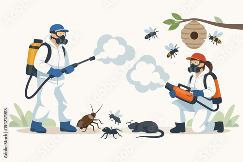 Professional Pest Control Team in Protective Hazmat Suits and Gas Masks Spraying Disinfectant to Exterminate Insects and Rodents Like Cockroaches, Rats, and Bees in Flat Vector Illustration Style