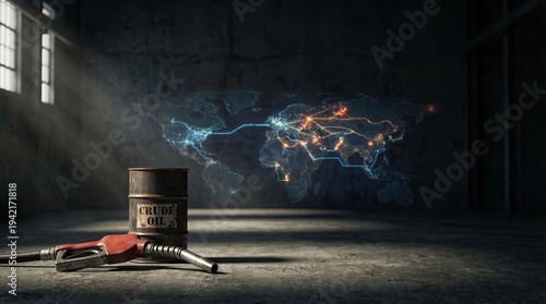 Global energy crisis oil war concept Crude Oil Can with Fuel Nozzle and Digital World Map Visualization