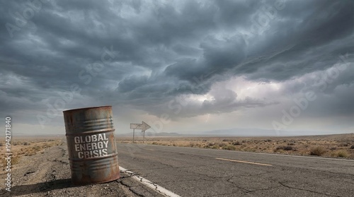 Global energy crisis oil war concept Stranded Road with Oil Barrel Amid Dark Stormy Clouds