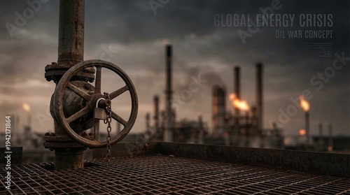 Global energy crisis oil war concept Industrial Valve in Foreground Against Oil Refinery Backdrop