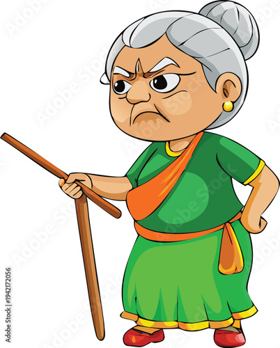 Angry grandmother with walking stick in green dress raising eyebrows with frustration