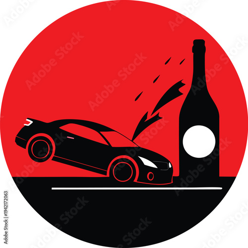 Drunk driving accident car crashing into bottle red circle symbol warning