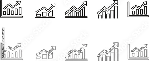 A collection of ten black and white line graph icons with varying upward trends