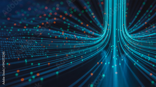 Intricate digital network visualization with glowing blue and red data streams