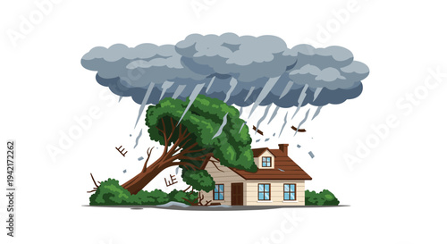 A small two-story house with a brown roof is damaged by a large green tree fallen onto its side under dark grey storm clouds and heavy rain.