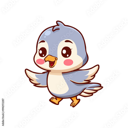 Joyful and cute cartoon bird character with a happy smile and bright eyes, cheerfully spreading its wings and taking steps, perfect for playful themes and children's designs