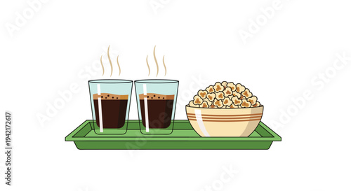 A rectangular green tray holds two clear glasses of steaming dark coffee and a beige bowl filled with fluffy popcorn.