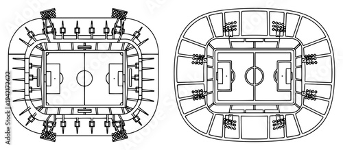 Soccer stadium aerial view and perspective blueprint line art style