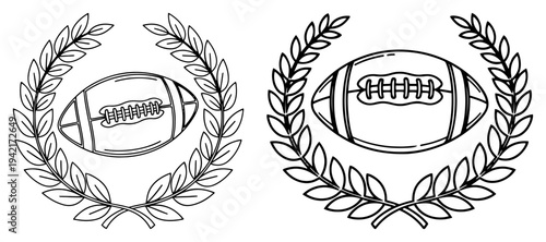 American football ball inside laurel wreath symbol of victory and achievement in line art style