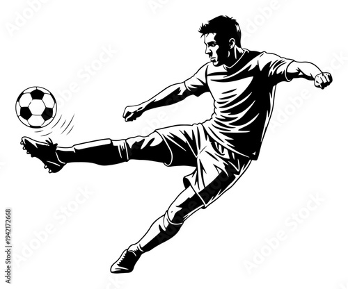 Soccer player performing powerful kick of the ball during match in dynamic black and white style