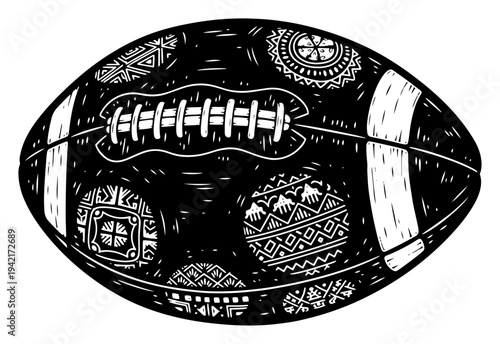 American football ball decorated with ethnic mandala patterns and tribal ornaments in vintage engraving style
