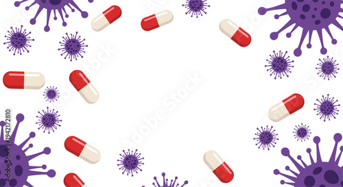 A decorative border of red and white pharmaceutical capsules and purple virus particles of varying sizes frames a central empty white space.