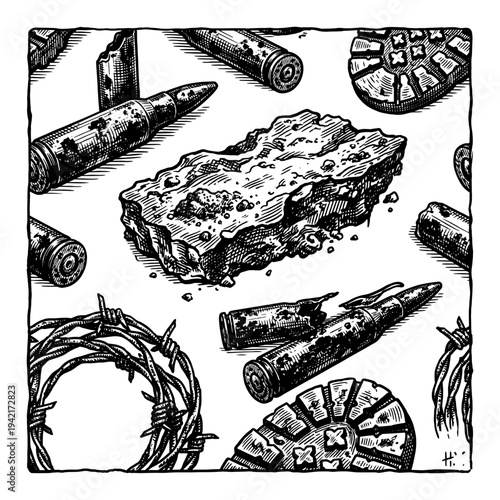 War debris with bullets and barbed wire vintage engraving style