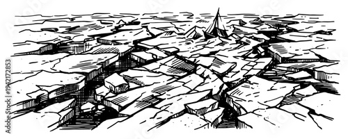 Cracked dry ground landscape with deep fissures and small ship in vintage engraving style