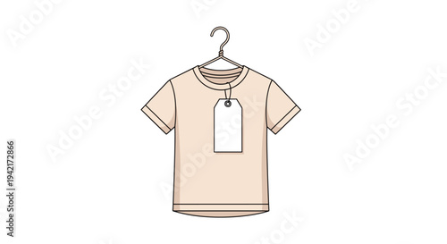 A plain short-sleeved light beige t-shirt hangs on a thin silver wire hanger, showcasing a pristine white rectangular price tag attached to its collar.