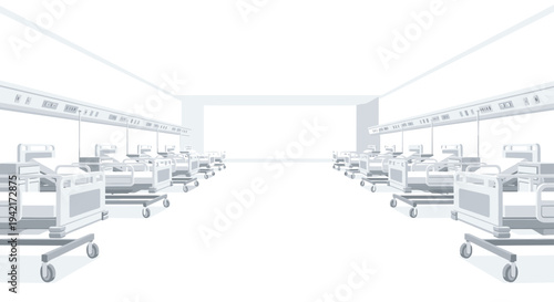 A sterile, empty hospital ward extends far into the background, showcasing numerous white beds with medical equipment in a minimalist, monochromatic setting.